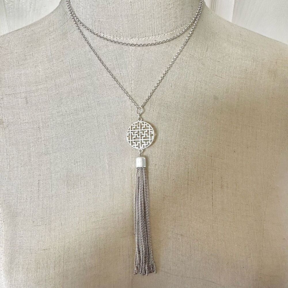 Silver tone long tassel necklace